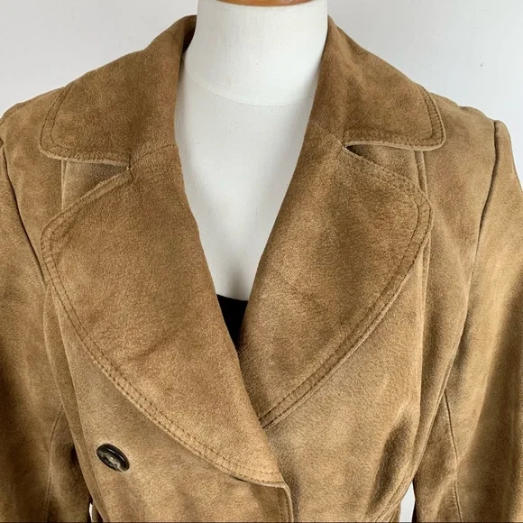 70s Suede Belted Trench Coat Double Breasted Brown Womens Medium
